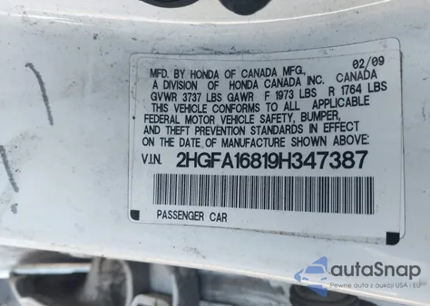 2009 Honda Civic Ex from USA, damaged, VIN 2HGFA16819H347387